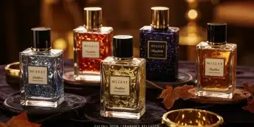 Five luxurious niche perfume bottles for Fall 2026, elegantly displayed
