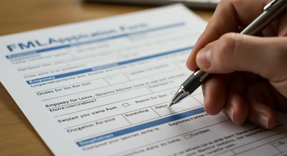 Hand filling out FMLA application form, detailing leave request.
