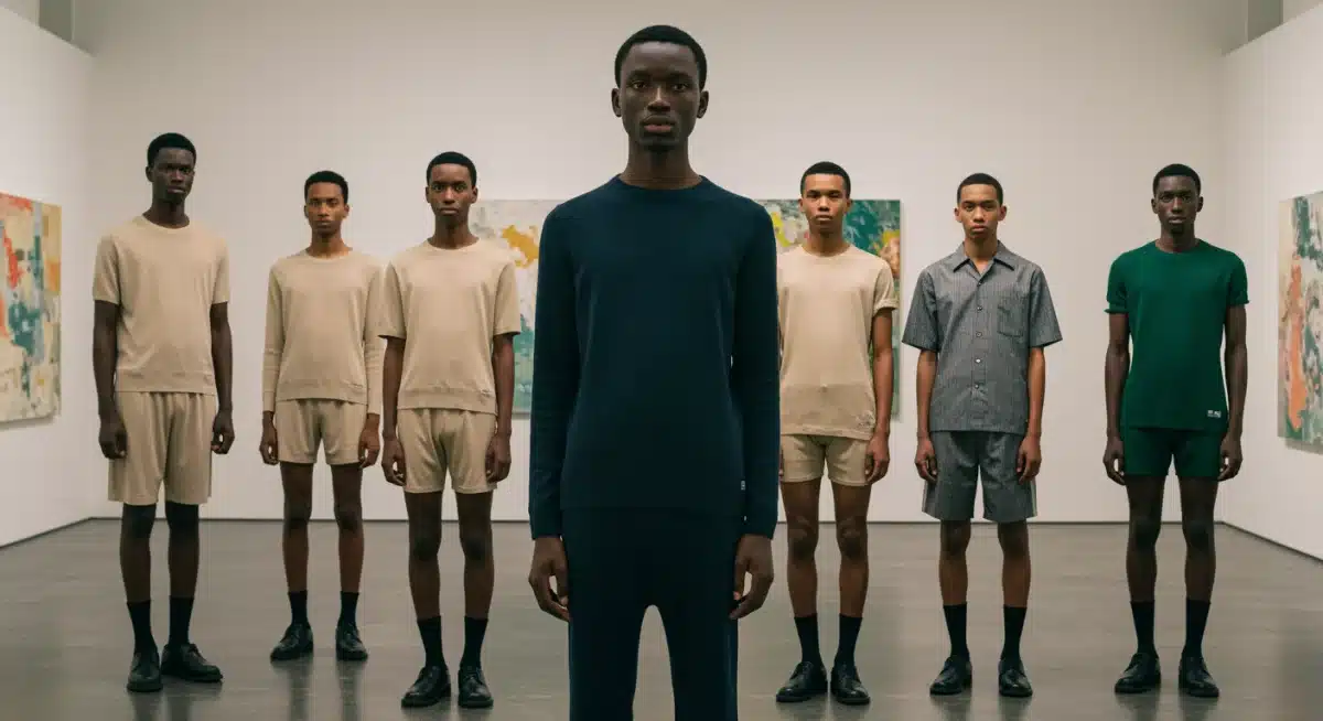 Diverse group in gender-fluid fashion, soft silhouettes, vibrant colors, art gallery.