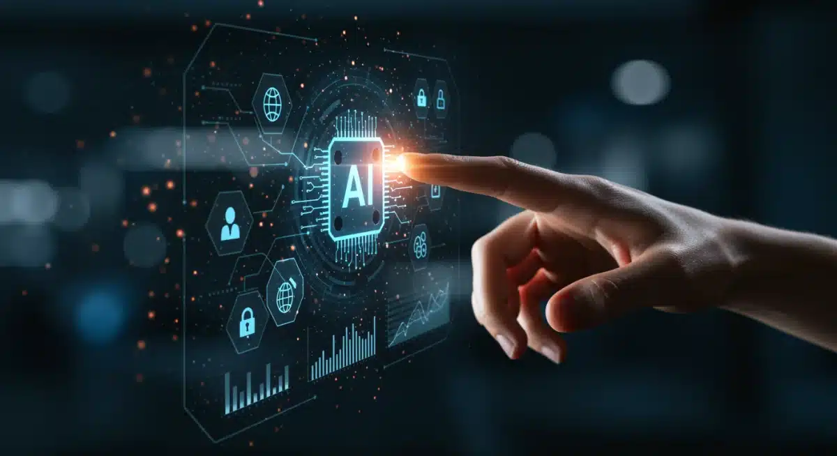 Hand interacting with holographic AI interface