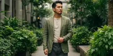 Man in sustainable smart casual attire, urban background, embodying 2026 menswear evolution.