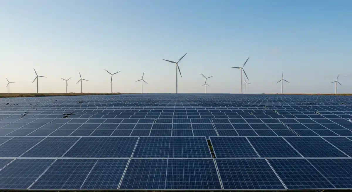 Vast solar panel farm with wind turbines