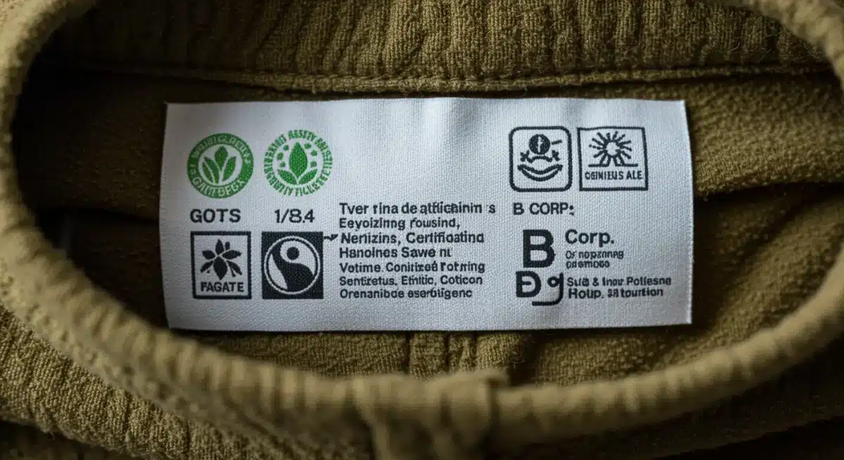 Close-up of a garment label with multiple ethical and sustainability certifications.