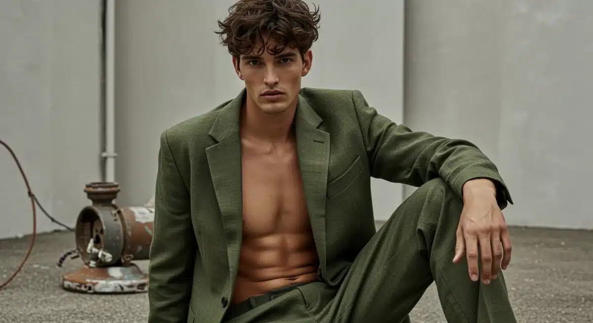 Male model in recycled tailored suit, earthy tones, relaxed fit, sustainable menswear.