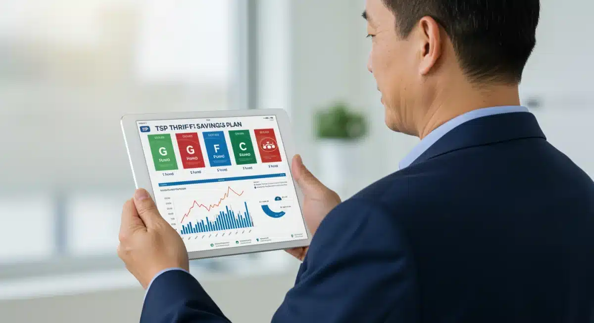 Federal employee managing TSP investments on tablet