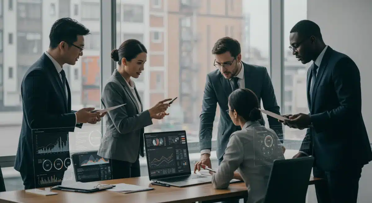 Business team analyzing supply chain data on computer screens, strategizing for resilience.
