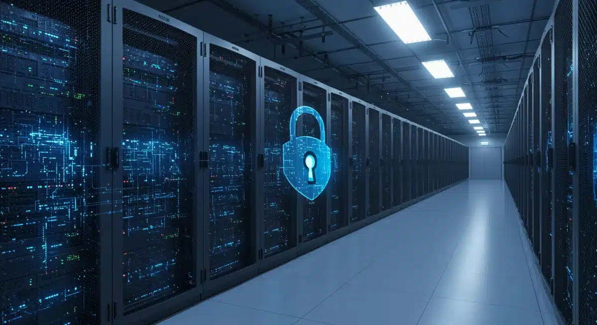Secure data center with glowing server racks, highlighting cybersecurity in digital infrastructure.