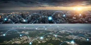 Futuristic digital network overlaying a city skyline, representing increased digital infrastructure investment and connectivity.