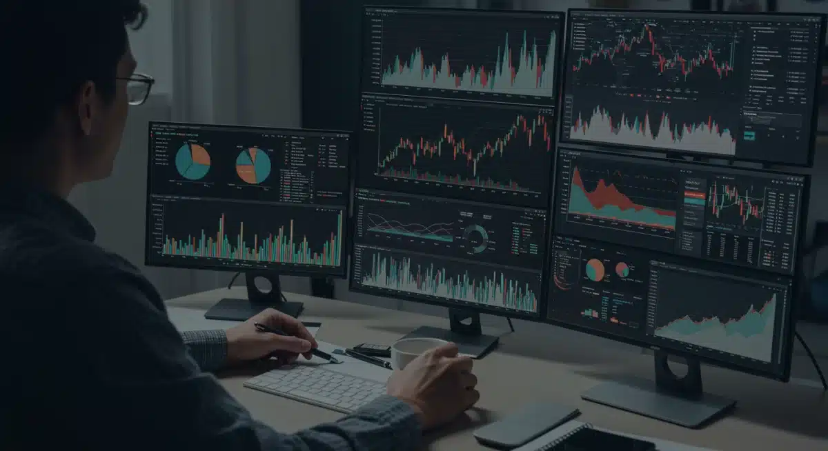 Financial analyst researching market data and economic indicators on multiple screens