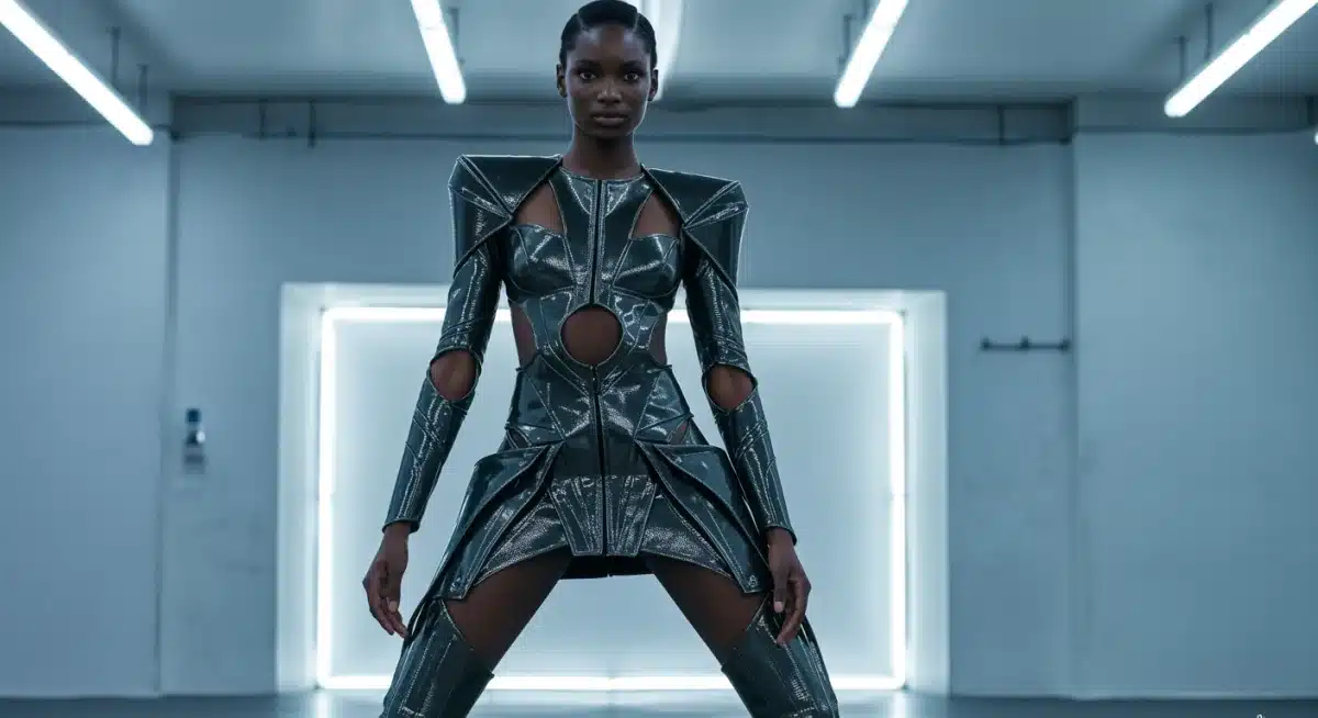 Futuristic metallic outfit with sharp lines and geometric cut-outs from Spring 2026 collection.
