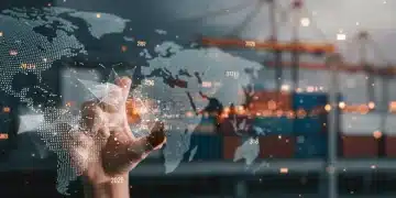 Global supply chain network with broken links and a 2026 projection, symbolizing ongoing disruptions.