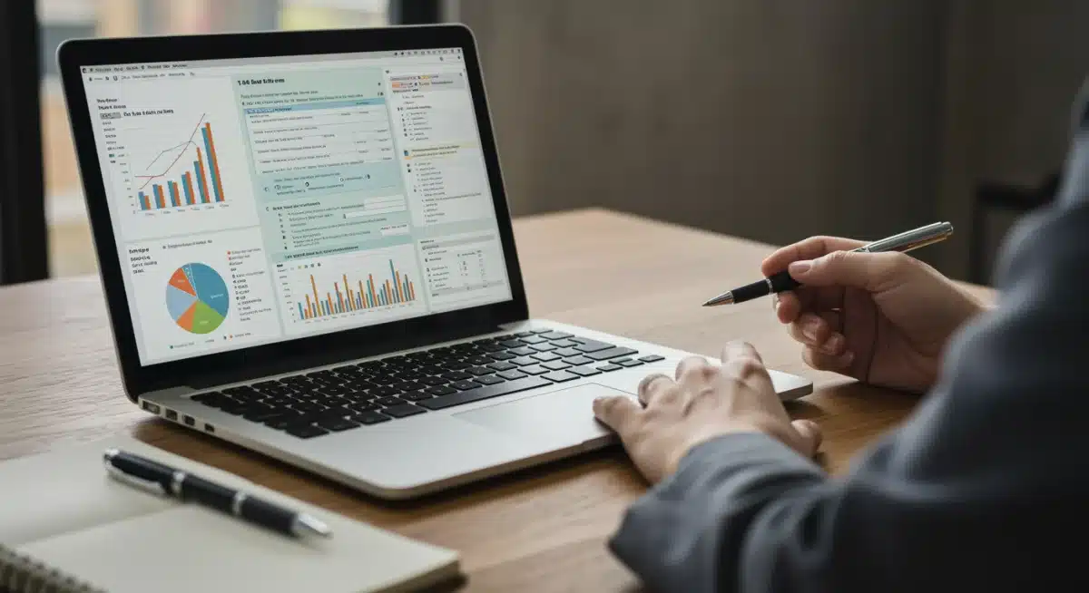 Investor analyzing financial data and tax forms on a laptop