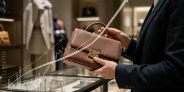 Woman inspecting luxury handbag in boutique, symbolizing fashion investment