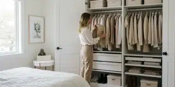 Woman selecting outfit from minimalist capsule wardrobe