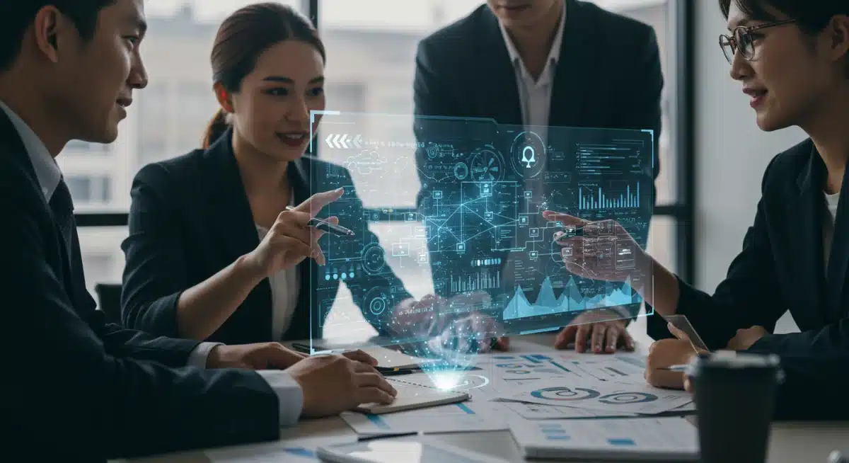Team collaborating on a holographic network projection, symbolizing strategic planning for digital infrastructure investment.