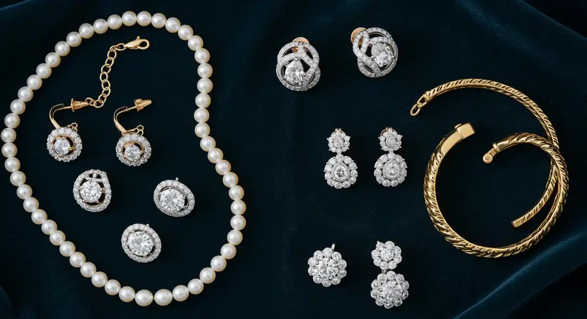 Collection of timeless high-end jewelry pieces on velvet