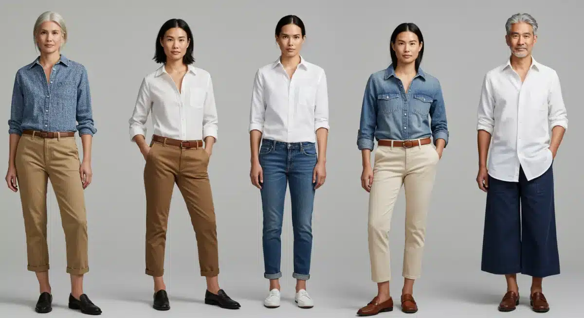 Diverse individuals wearing versatile capsule wardrobe outfits