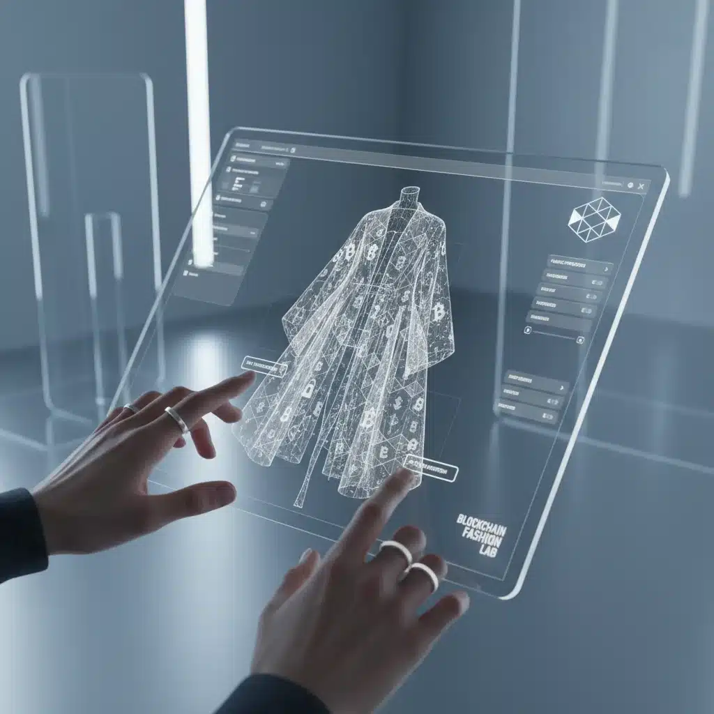 Digital designer creating a 3D NFT garment with blockchain integration, showcasing the intricate design process.