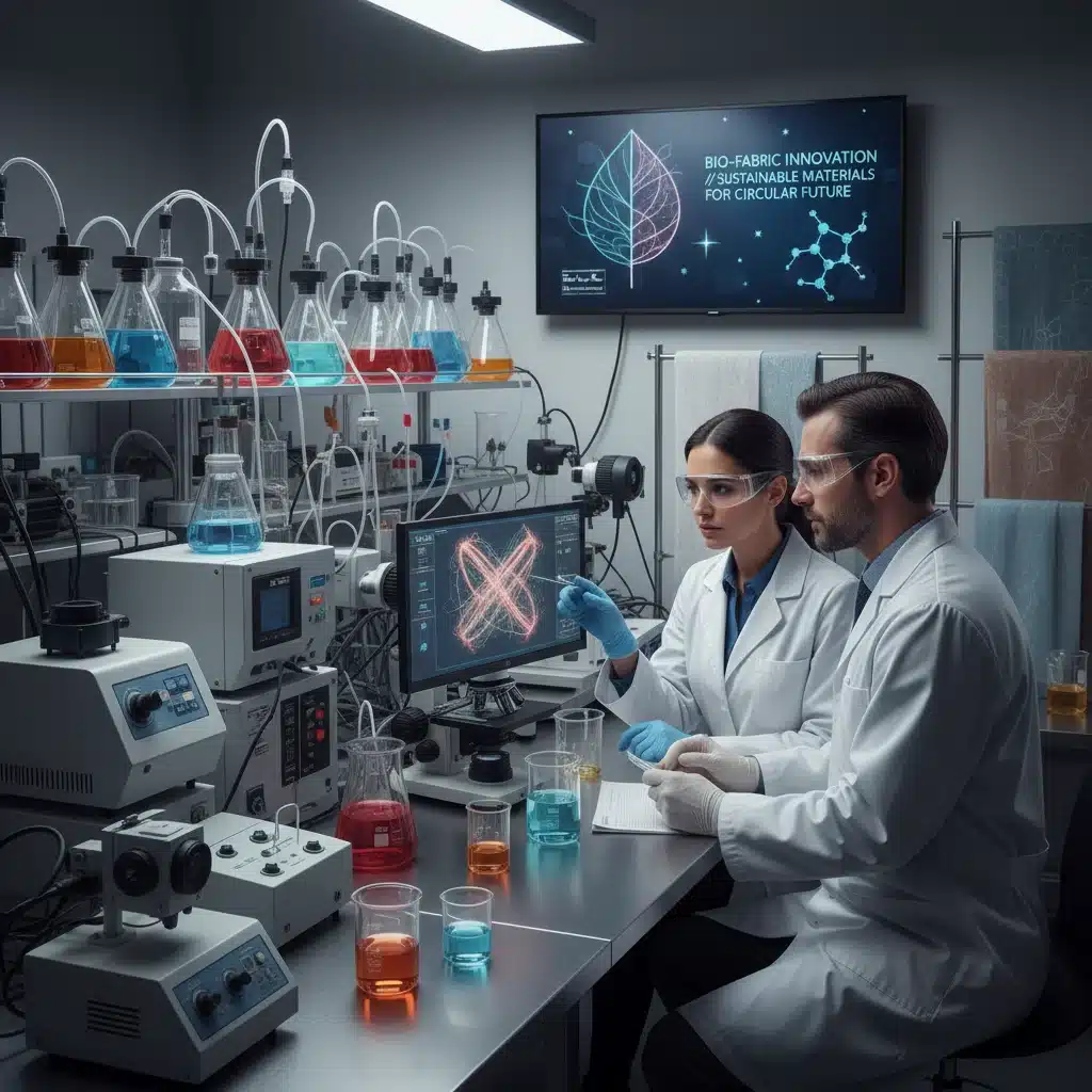 Scientists analyzing bio-engineered fibers in a lab for sustainable textiles