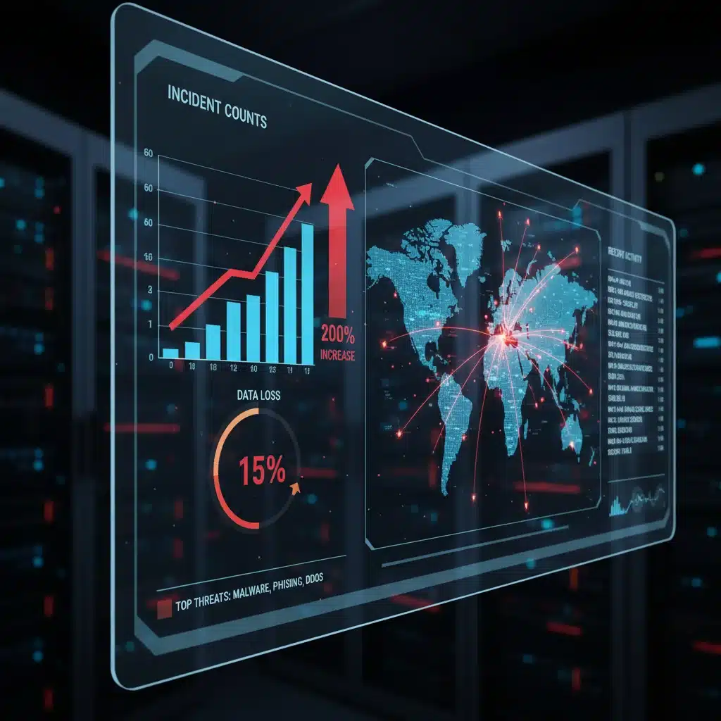 Cybersecurity dashboard showing increasing incident rates and data loss.