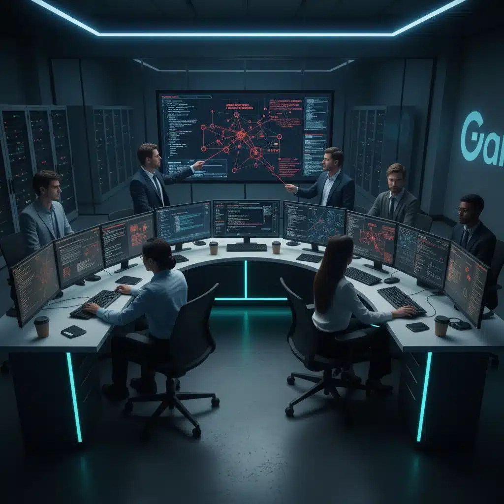 Cybersecurity team analyzing threats in a secure operations center.