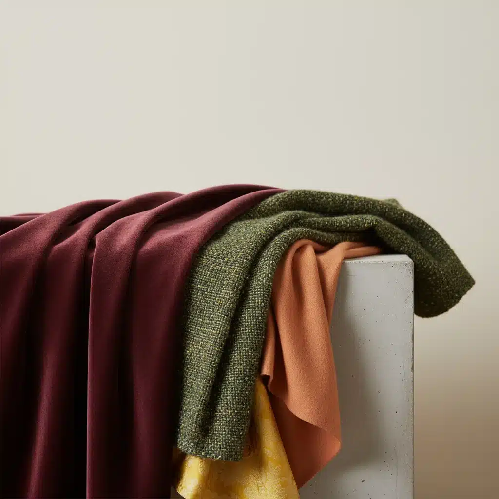 Luxurious fall fabrics like burgundy velvet, forest green tweed, and burnt orange cashmere.