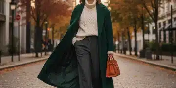 Model showcasing a deep forest green oversized wool coat, wide-leg trousers, and chunky knit sweater for Fall 2026 fashion.