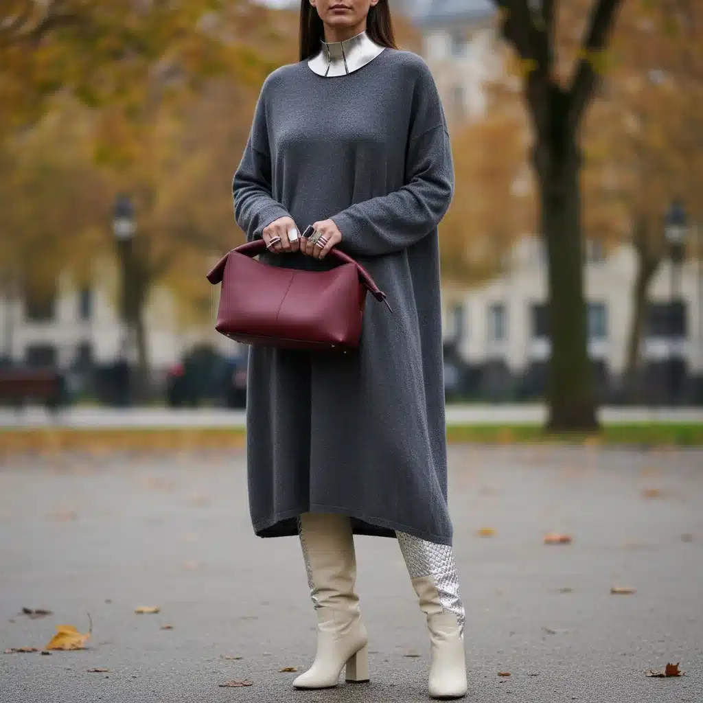 Fashionable person accessorizing a Fall 2026 outfit with bold metallic jewelry and an architectural leather handbag.