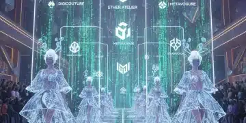 Digital fashion models showcasing NFT clothing in a futuristic metaverse runway, symbolizing innovation in 2026 collections.
