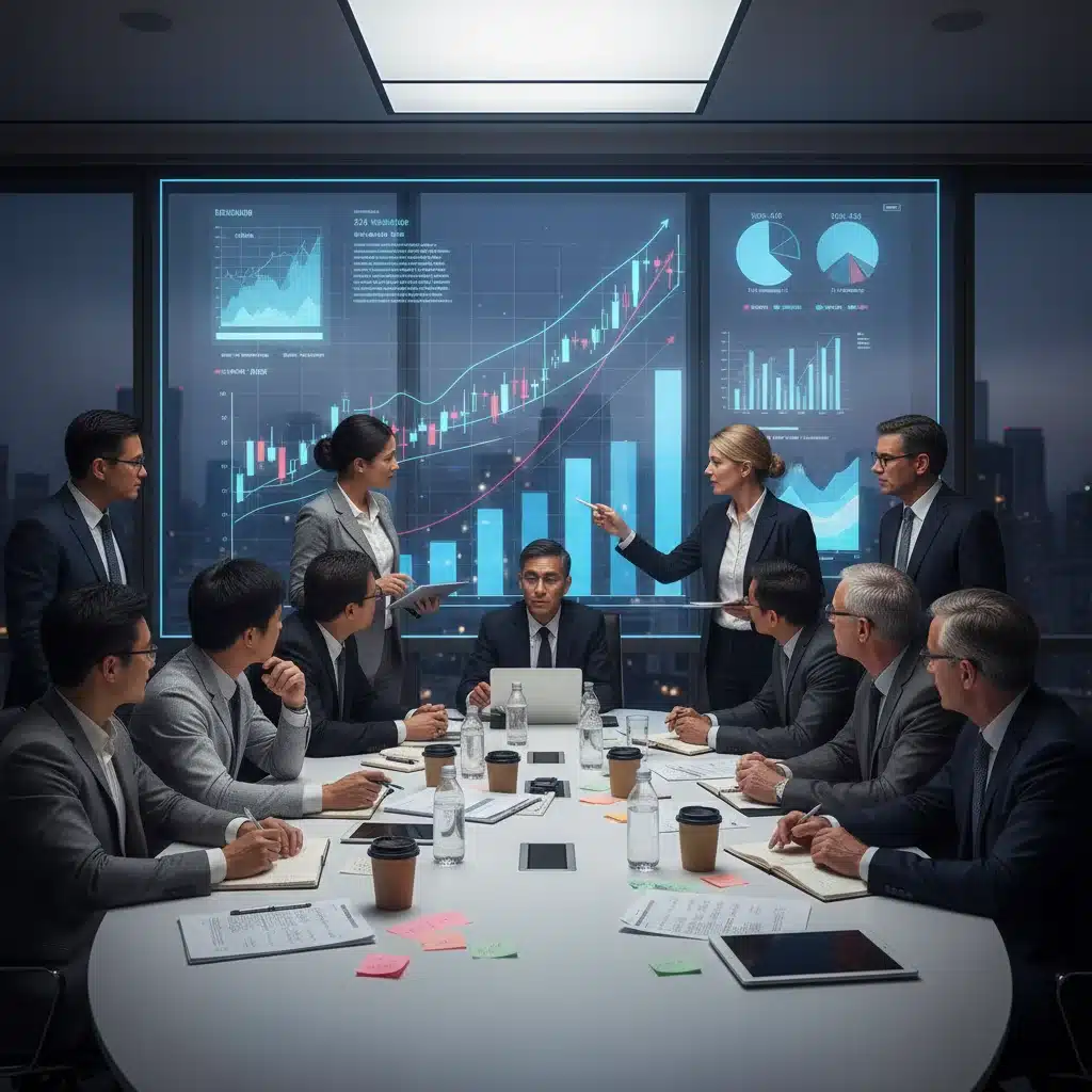 Financial advisors discussing investment strategies for regulatory changes