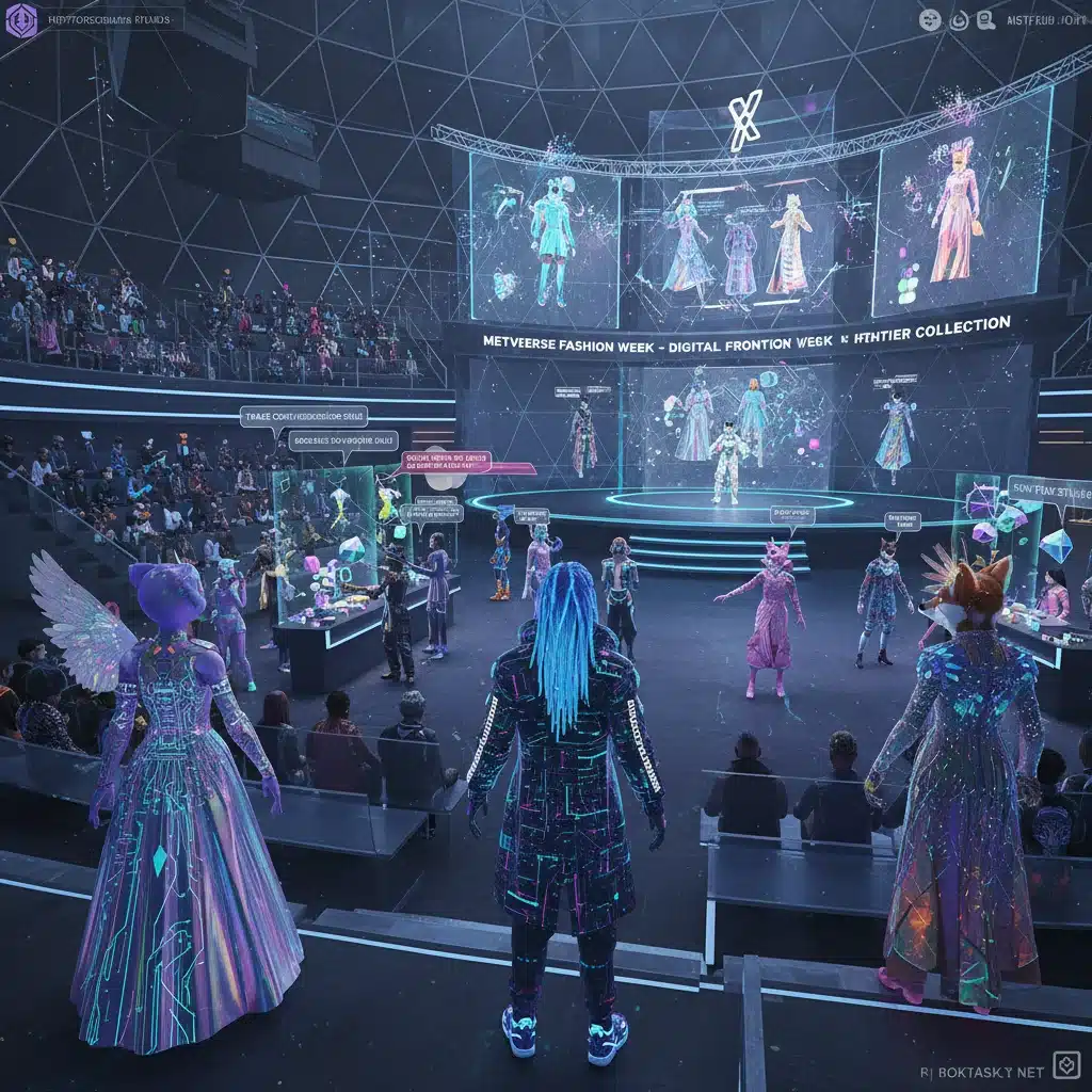 Diverse avatars in a VR metaverse wearing unique NFT digital fashion, interacting and trading virtual items.