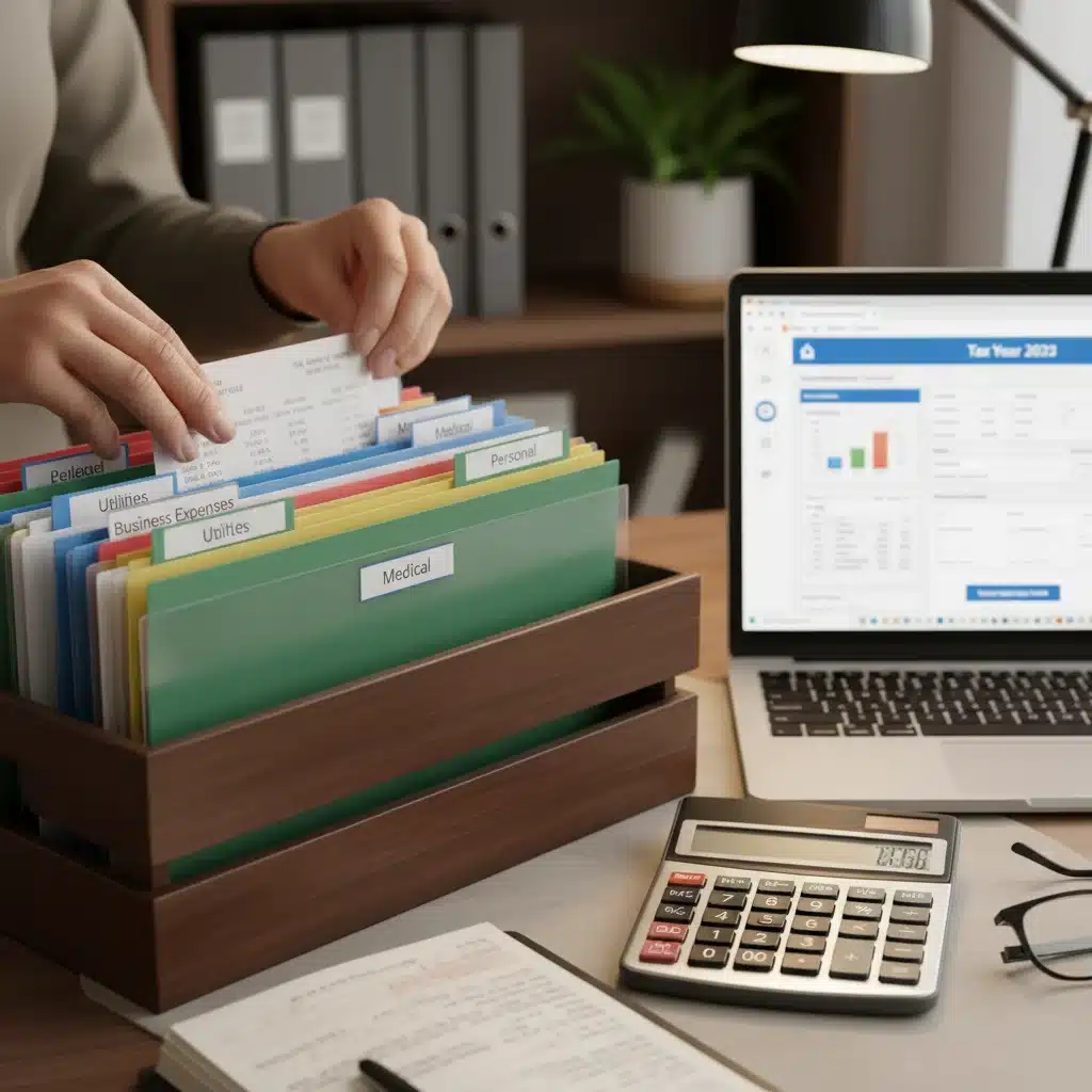 Hands organizing receipts for tax deductions, emphasizing meticulous record-keeping for 2026.