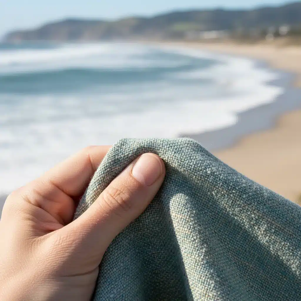 Hand touching recycled ocean plastic fabric, symbolizing circular fashion