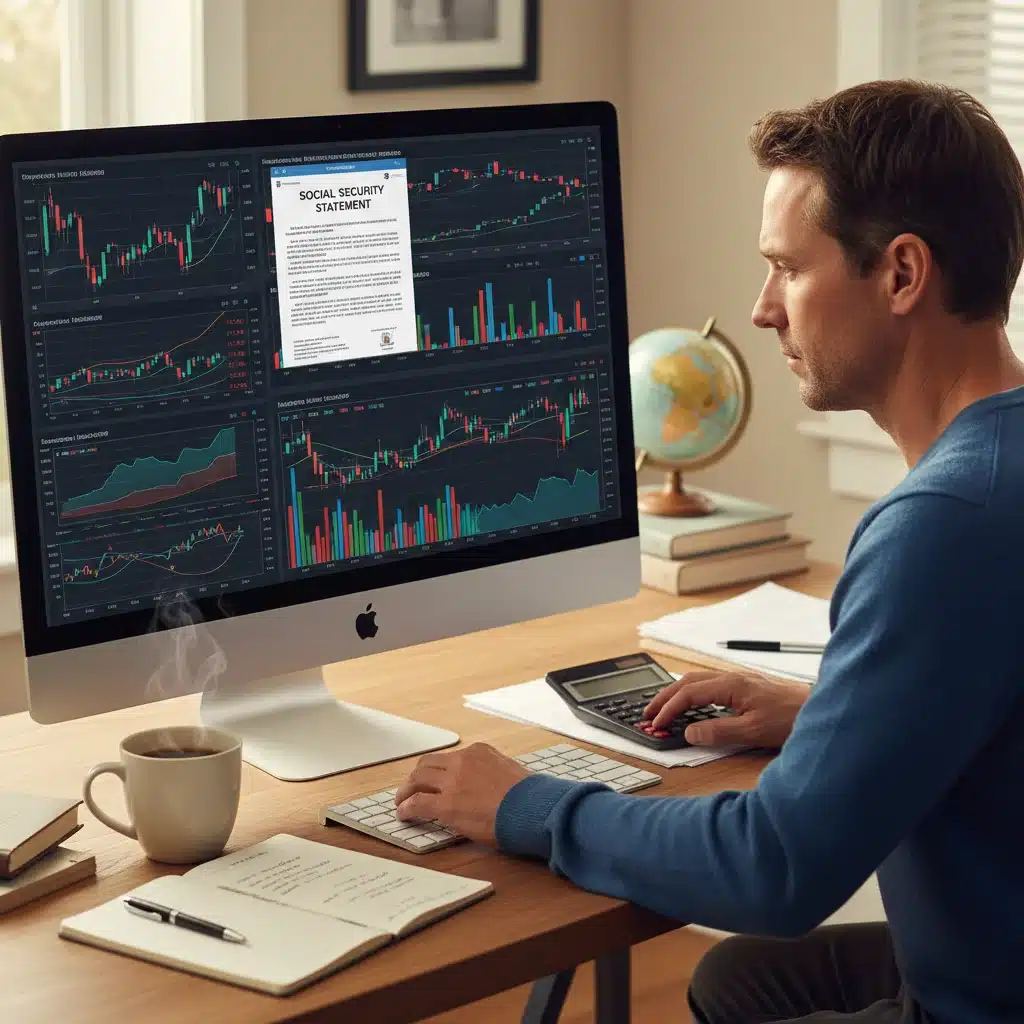 Individual reviewing Social Security statements and financial data on a computer
