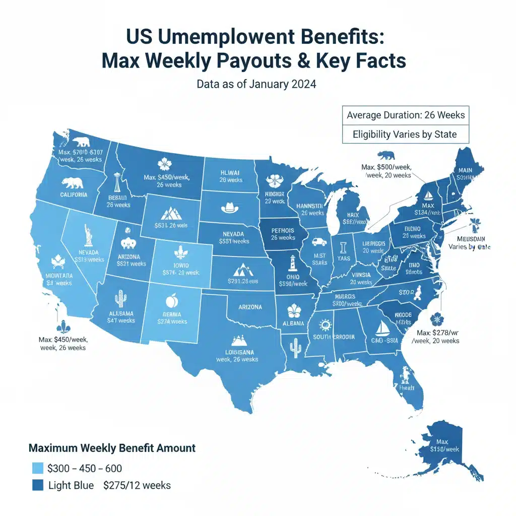 Infographic showing a map of US states with varying maximum unemployment benefit amounts.
