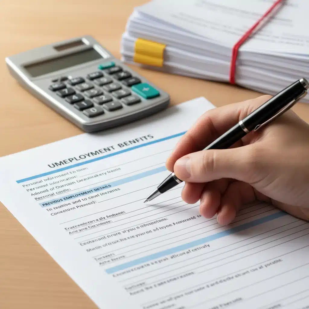 Person filling out unemployment benefit application form with pen and documents.