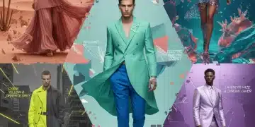 Dynamic collage of 2026 fashion color palettes, featuring models and abstract color swatches.