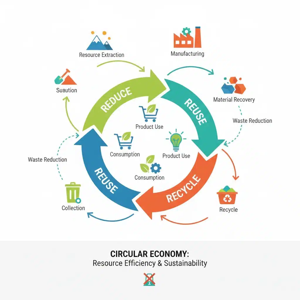 Infographic depicting a circular economy model with recycling and waste reduction.