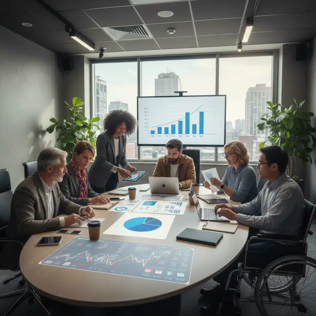 Diverse investors discussing financial plans and diversification strategies at a table.