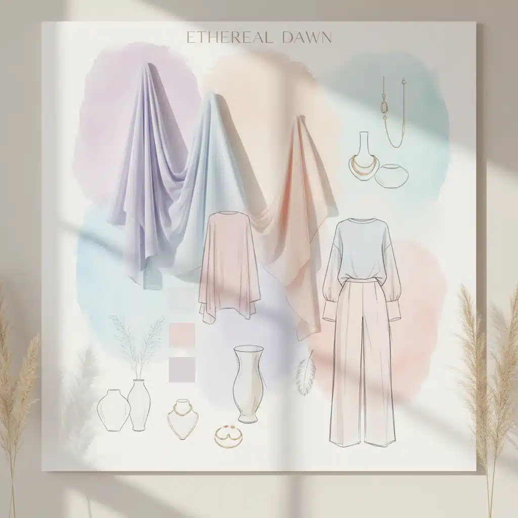 Ethereal Dawn fashion mood board with soft pastels and flowing fabrics.