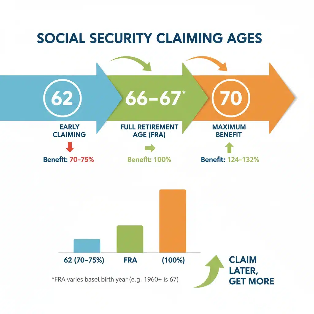 Infographic showing Social Security benefit changes based on claiming age.