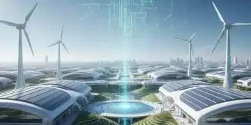 Sustainable industrial complex with renewable energy sources under clear skies, representing proactive environmental compliance.