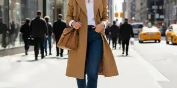 Woman in classic trench coat and leather tote bag, representing timeless fashion investments for 2026.