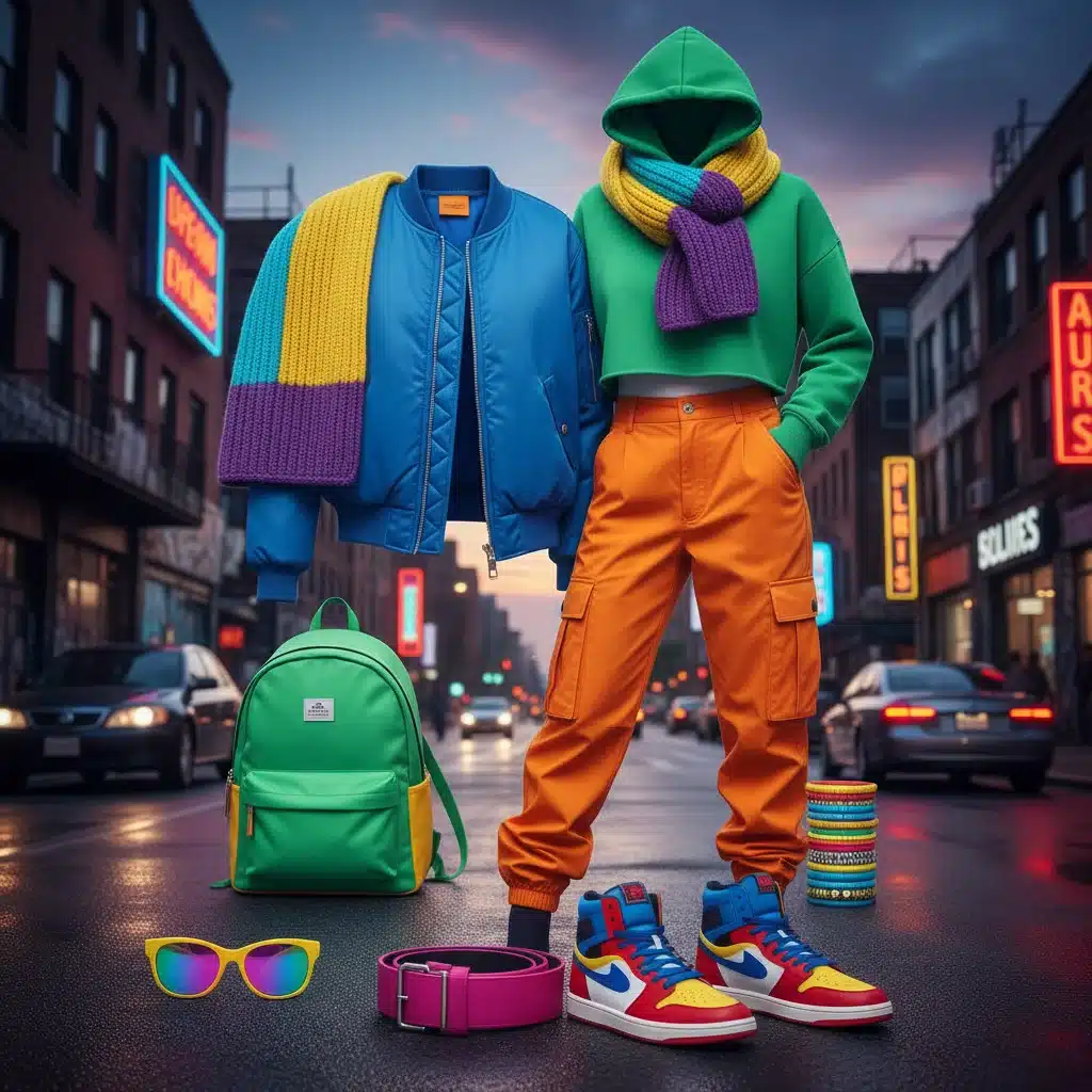 Urban Chroma accessories and garments in electric blue, orange, and green.
