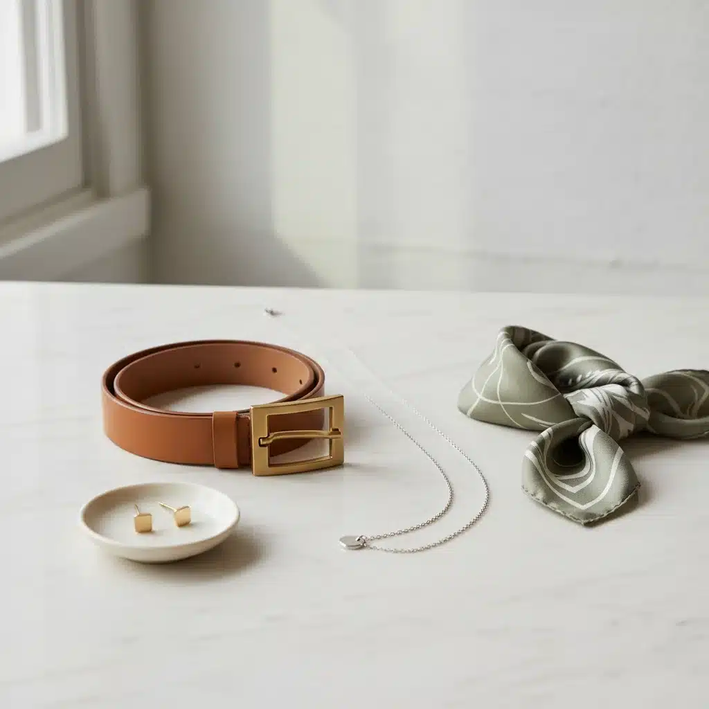Timeless and versatile accessories: leather belt, earrings, necklace, and silk scarf for a modern capsule.