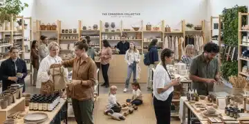Shoppers embracing conscious consumerism, selecting quality items in a sustainable store setting.