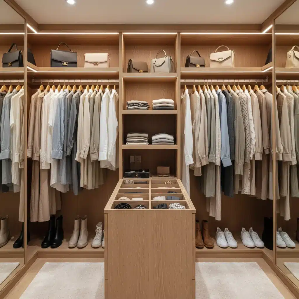 Organized wardrobe with curated, versatile clothing items and accessories, reflecting a cohesive personal style.