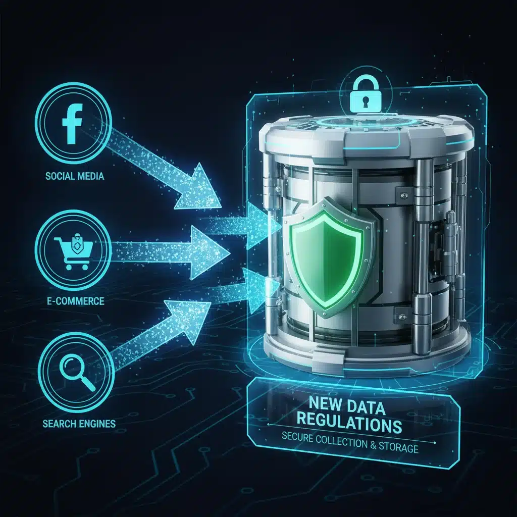Data flow visualization with secure vault, showing new data protection measures