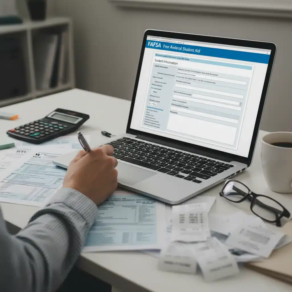 Person completing FAFSA form on laptop, surrounded by financial documents.