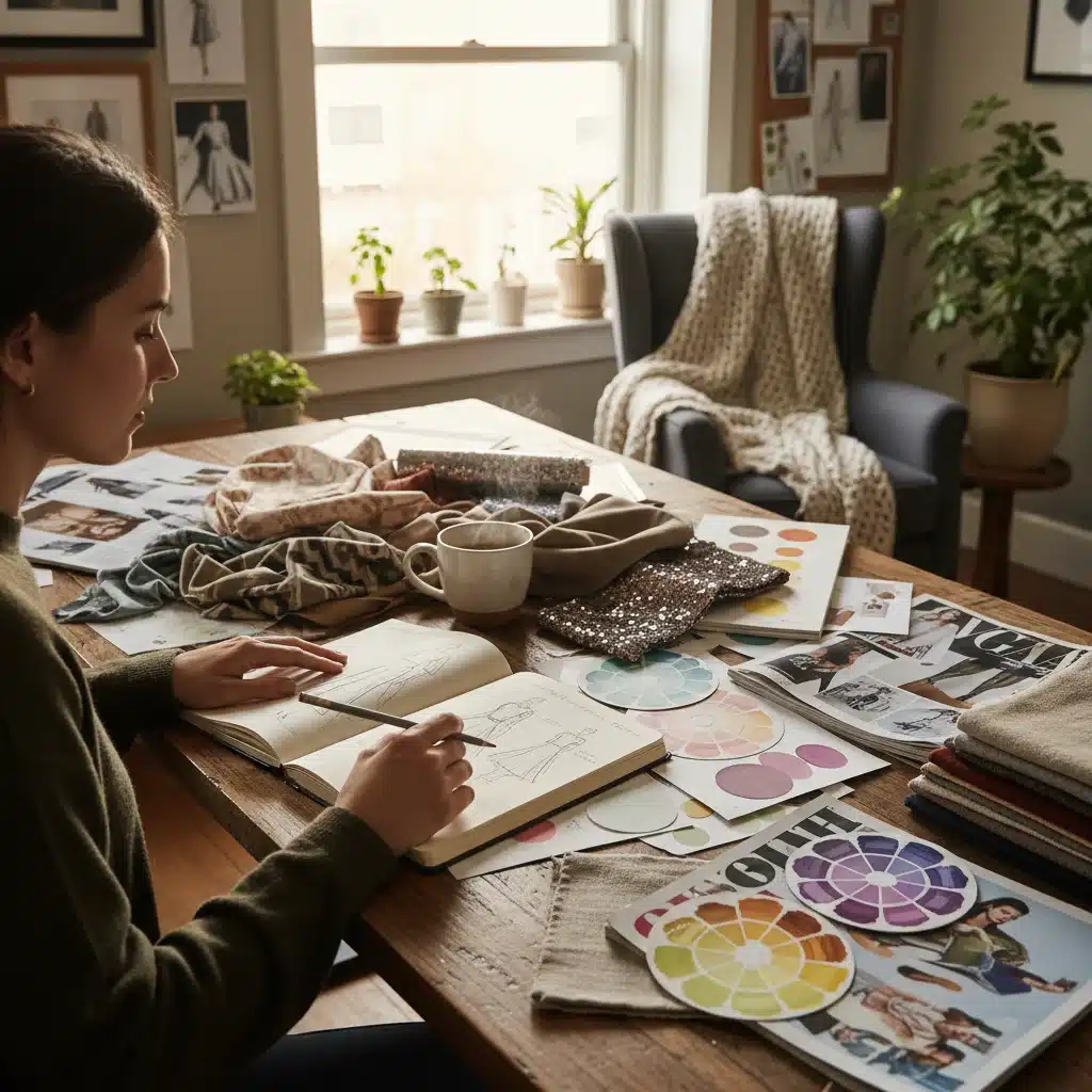 Person journaling fashion ideas with fabric swatches and magazines, reflecting on personal style inspiration.